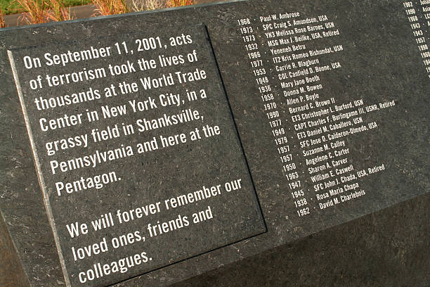 The Pentagon Memorial "Arlington, USA - Sept 24, 2008: Detail of The Pentagon Memorial with names of 184 victims who died in the Septemeber 11, 2001 attack, caused by hijacked American Airlines flight No. 77." september 11 2001 attacks stock pictures, royalty-free photos & images