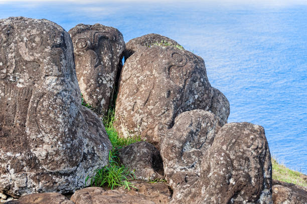 The petroglyphs of Orongo, Easter Island, Chile. stock photo