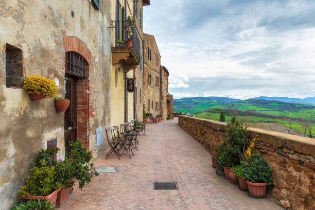 The picturesque narrow streets of Pienza, Italy stock photo