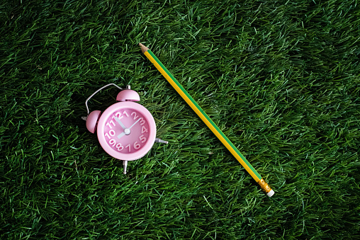 The Pink Alarm Clock Put Beside Pencilon Green Grass Ground Floor