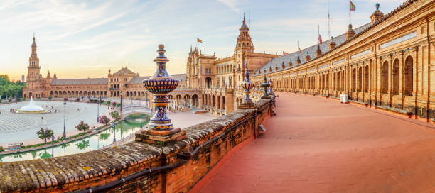 The Plaza Espana Spain Square (Plaza de Espana), Seville, Spain, built on 1928, it is one example of the Regionalism Architecture mixing Renaissance and Moorish styles. seville stock pictures, royalty-free photos & images