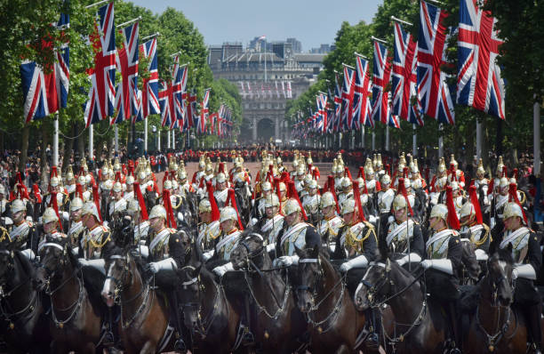 Horseguards of the household cavalry parade up the Mall in London in the Queen's annual birthday parade of Trooping the Colour