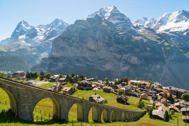 The railway to Almendhubel always at the service of tourists, Murren, Switzerland stock photo