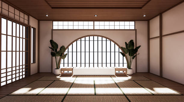La habitación es amplia diseño de estilo japonés y clara en tonos naturales. Renderizado 3D - foto de stock