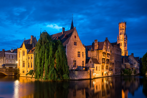 Bruges at night, Belgium. Scenic view of Quay of the Rosary