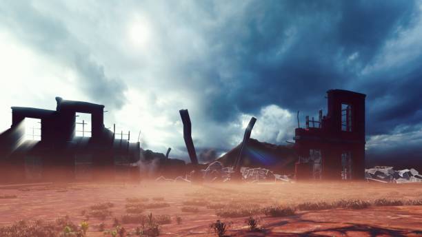 The ruins of an abandoned destroyed post-apocalyptic city at sunset. The Concept Of Apocalypse. 3D Rendering stock photo