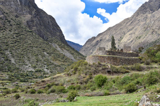 The ruins of Huayllabamba, on the Inca Trail to Machu Picchu. Cusco, Peru stock photo