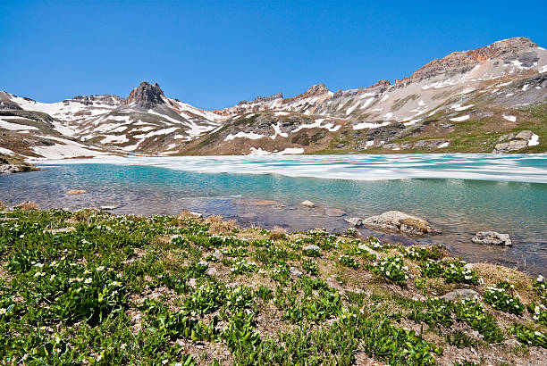 Upper Ice Lake and Surrounding Peaks The San Juans in southern Colorado are a high altitude range of mountains that straddle the Continental Divide. This wide-open landscape, at 12,300, is well above timberline. The photograph was taken from Upper Ice Lake in the San Juan National Forest near Silverton, Colorado, USA. jeff goulden san juan mountains stock pictures, royalty-free photos & images