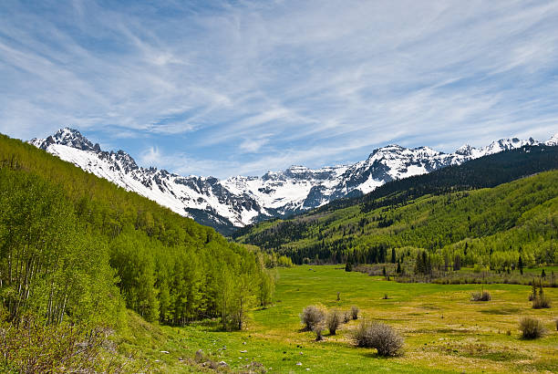 Dallas Creek Valley and the Sneffels Range The San Juans in southern Colorado are a high altitude range of mountains that straddle the Continental Divide.  The snow capped Sneffels Range was photographed from the Dallas Creek Valley in the Uncompahgre National Forest near Ridgway, Colorado, USA. jeff goulden aspen stock pictures, royalty-free photos & images