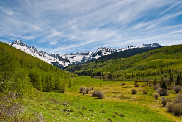 Dallas Creek Valley and the Sneffels Range The San Juans in southern Colorado are a high altitude range of mountains that straddle the Continental Divide. The snow capped Sneffels Range was photographed from the Dallas Creek Valley in the Uncompahgre National Forest, Colorado, USA. jeff goulden san juan mountains stock pictures, royalty-free photos & images