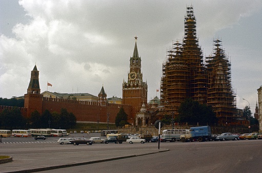Red Square, Moscow, Russia (Soviet Union), 1979. The scaffolded St. Basil's Cathedral on Red Square in Moscow. In the background the Kremlin.