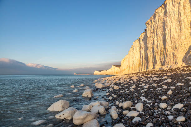 The Seven Sisters Cliffs with a Blue Sky Overhead stock photo