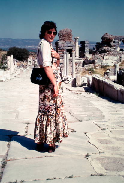 The Seventies. A young woman at aTemple near by Ephesus, Turkey. stock photo