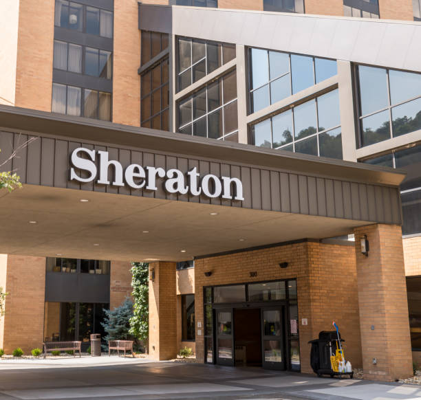 The Sheraton Hotel sign above the front entrance at Station Square in Pittsburgh, Pennsylvania, USA stock photo