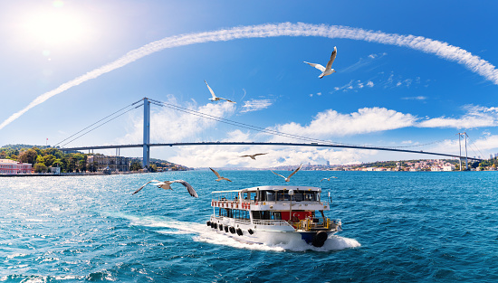 The ship is sailing on the Bosphorus with many seagulls around it, Istanbul.