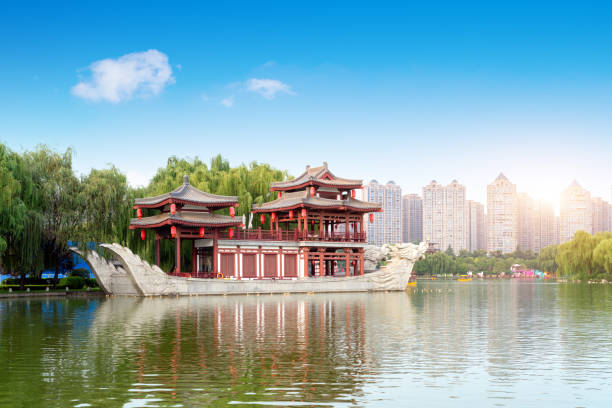 The ship-shaped building in the park, Xi'an, China. stock photo