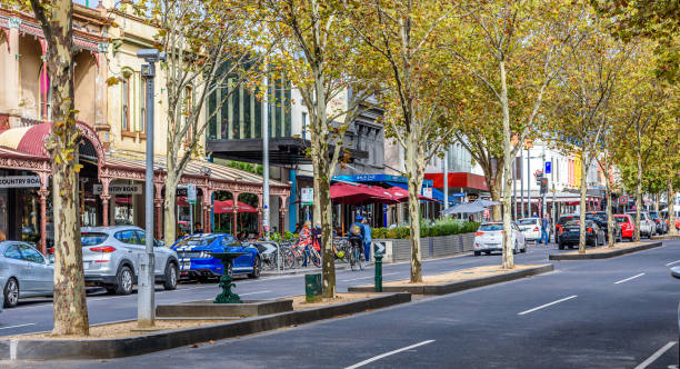 The shopping strip on Lygon Street in the suburb of Calton Melbourne, Victoria, Australia, April 17th, 2020: The shopping strip on Lygon Street in the suburb of Carlton featuring many Italian restaurants melbourne street stock pictures, royalty-free photos & images