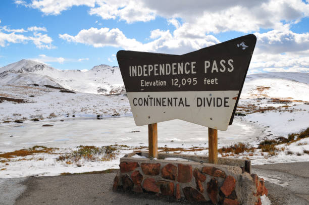 The sign at the top of Independence Pass near Aspen stock photo