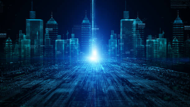 The smart city of Futuristic technology internet and big data 5g connection. Technology digital data network connection abstract background stock photo
