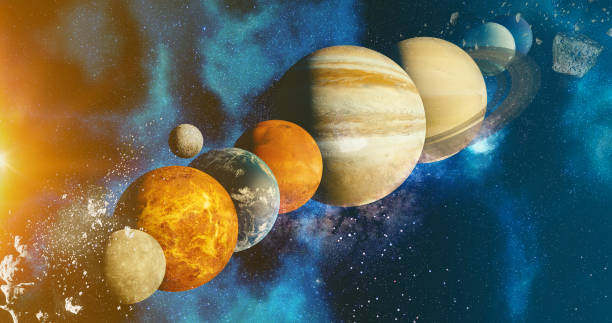 the solar system  planet concept over galactic background  and Milky Way solar system Mercury, Earth and Moon, Venus, Mars, Jupiter, Saturn, Uranus, Neptune, planets astronomy concept stock photo