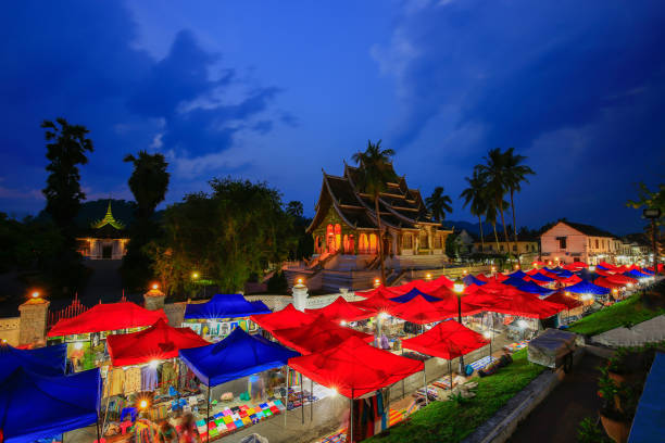 The souvenir night market in front of National museum of Luang Prabang, Laos stock photo
