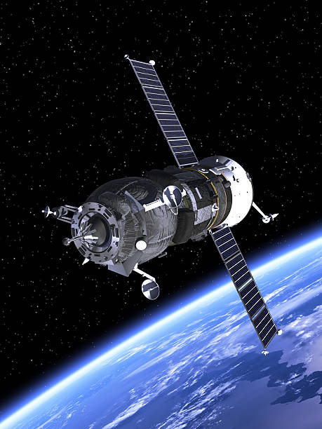 The spacecraft Progress with Earth in background Spacecraft "Progress" Orbiting Earth. 3D Scene.  european space agency stock pictures, royalty-free photos & images