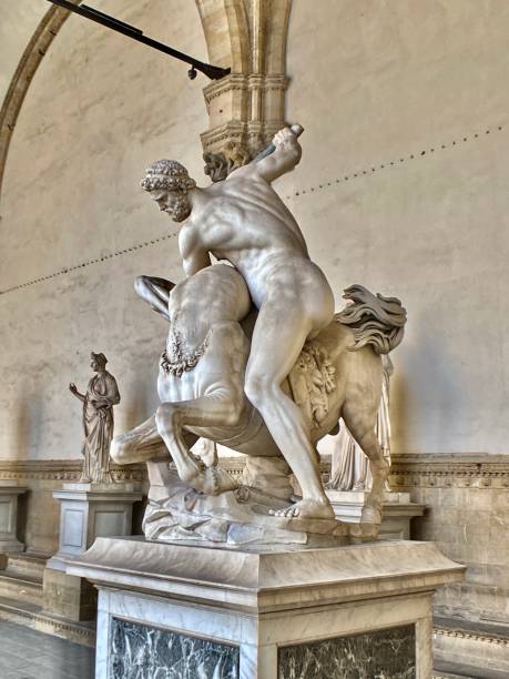 the statue of hercules killing the centaur nessus (1599) by giambologna (giovanni da bologna), located in the loggia dei lanzi florence, tuscany, italy. stock photo