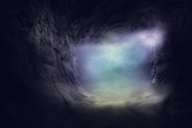 the stone cave inside. out way with spooky mist and fog the stone cave inside. out way with spooky mist and fog cave stock pictures, royalty-free photos & images