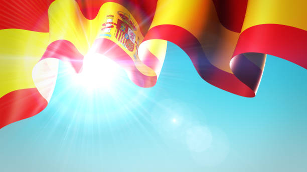 The sun shines through the waving flag of spain. Spain waving flag on blue sky for banner design. Spanish holidays background. Festive patriotic design pattern, template. 3d illustration stock photo