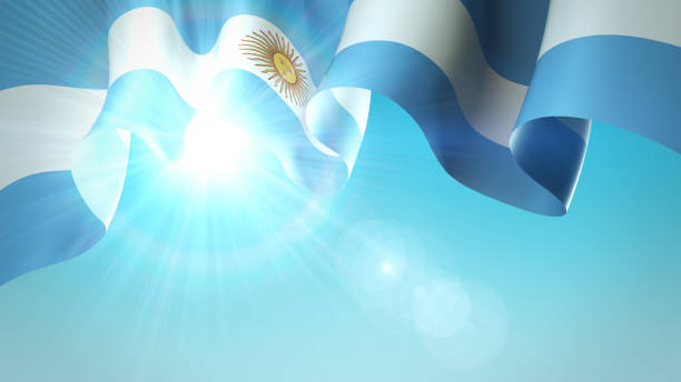 The sun shines with golden rays through the waving flag of argentina. Argentina waving flag on blue sky for banner design. Festive patriotic design pattern, template. Background for argentine holidays. 3d illustration stock photo