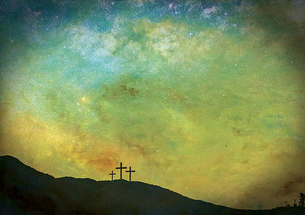 The Three crosses under the stars stock photo