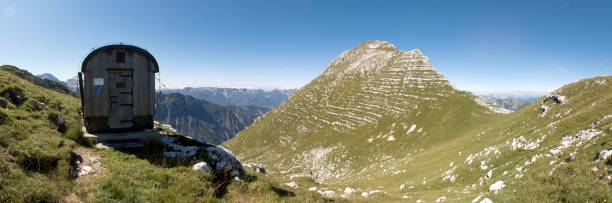 the top of Monte Cimone from the Sandro del Torso bivouac in the Julian Alps in Italy stock photo