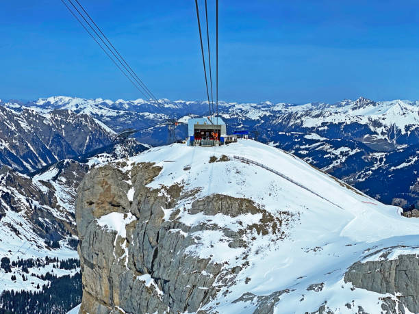 The top station of the cable car Col du Pillon - Scex Rouge on Tete aux Chamois or Cabane (Travel destination Glacier 3000), Les Diablerets - Canton of Vaud, Switzerland (Schweiz / Suisse) stock photo