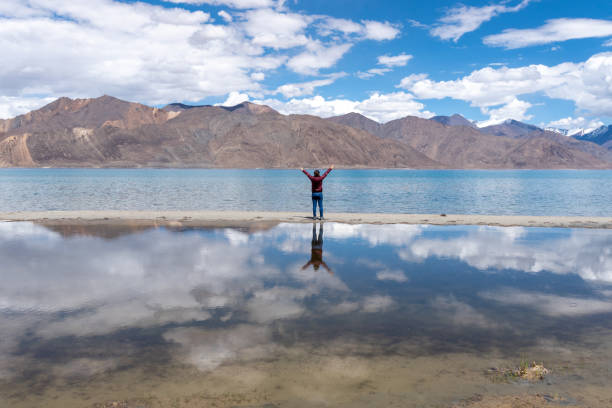 The tourist enjoy with beautiful of landscape view of lake in Leh Ladakh, India stock photo