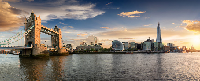 The skyline of London: from the Tower Bridge to London Bridge during sunset time, United Kingdom