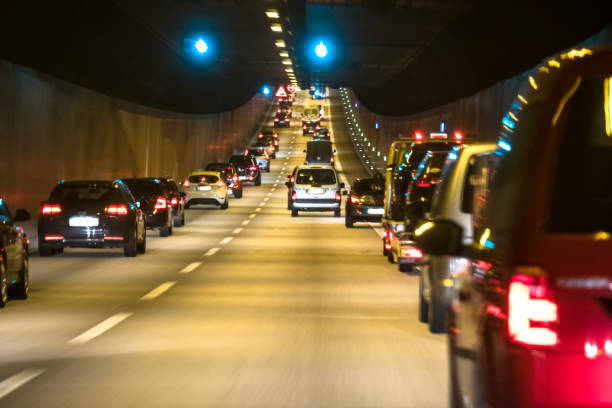 The traffic is queing in the Elbtunnel of the city of Hamburg stock photo