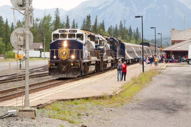The train at Banff station. Banff, Alberta, Canada stock photo