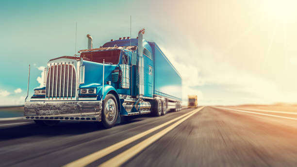 The truck runs on the highway. The truck runs on the highway with speed. 3d render and illustration. semi truck stock pictures, royalty-free photos & images