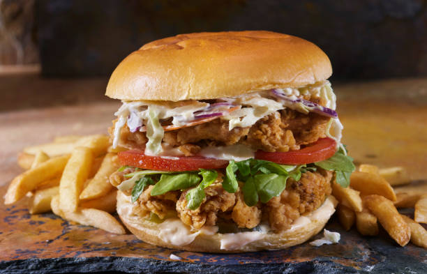 The Ultimate Double Spicy Crispy Fried Chicken Burger stock photo
