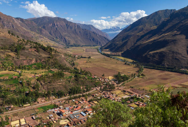The view of the Sacred Valley region in Peru's Andean highlands, is clear during a sunny day. stock photo