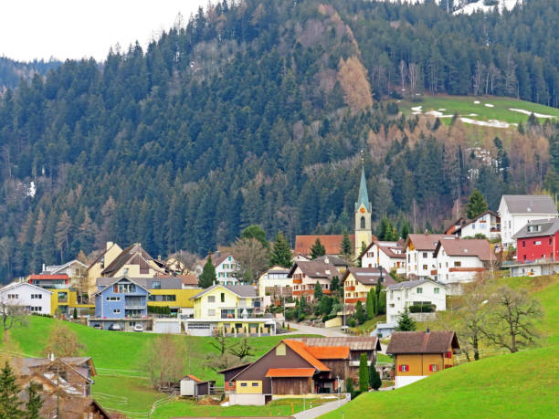 The village of Finstersee above the small natural lake Wilersee or Wiler lake and canyon of the river Sihl, Menzingen - Canton of Zug, Switzerland (Schweiz) stock photo
