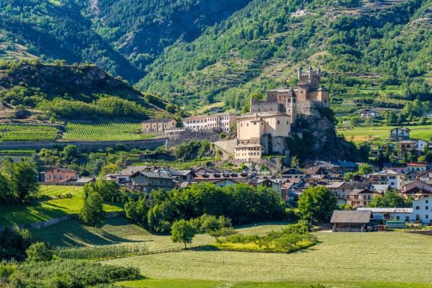 The village of Saint Pierre village on a summer afternoon. Aosta Valley, northern Italy. stock photo