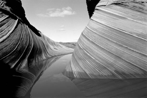The Wave with Water Reflections #1 in Coyote Buttes Area of Vermilion Cliffs National Monument on Arizona Utah border USA in Black and White Film (original, softer, image) The Wave with Water Reflections #1 in Coyote Buttes Area of Vermilion Cliffs National Monument on Arizona Utah border USA.  In black and white film.  Passing high cloud.  Original film image.  It is a softer image than variations that I gave more sharp lines.  Sand dune layers turned to stone. arizona photos stock pictures, royalty-free photos & images
