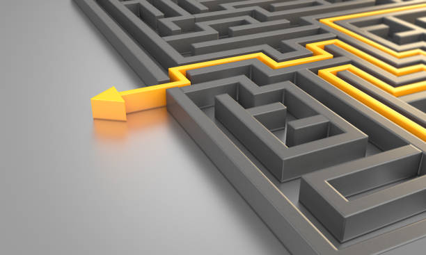 The Way Out Of Maze Orange colored path across a maze. ( 3d render ) guidance stock pictures, royalty-free photos & images