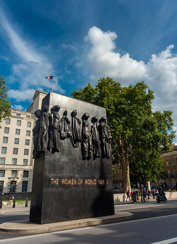 Central London,England,United Kingdom-August 21 2019: The Monument to the Women who served in World War II stands opposite Downing Street,next to the Cenotaph,unveiled by the Queen in 2005.
