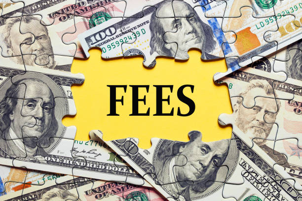 The word fees surrounded by puzzle pieces with dollar bill money stock photo