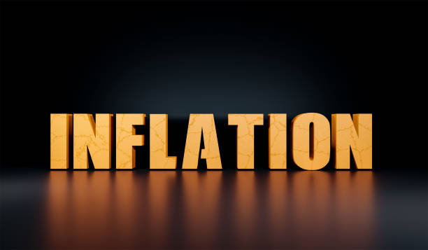 The word Inflation three dimensional in yellow. Surface in concrete and cracked, in yellow, reföection on the floor. The background in black. 3D inflation illustration. inflation stock pictures, royalty-free photos & images