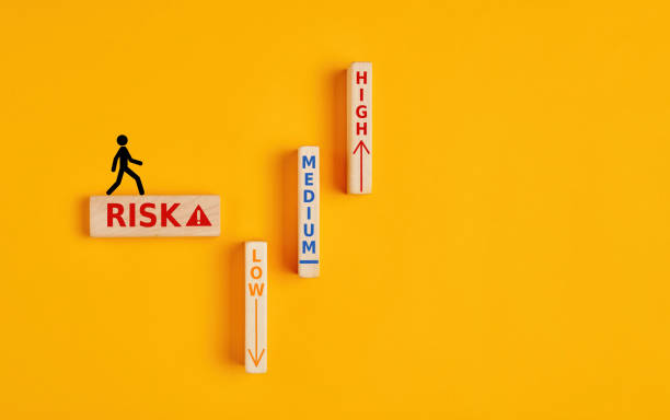 de woorden risico, medium, hoog en laag geschreven op houten blokken. risico-assesment, analyse of risico's nemen concept - risk stockfoto's en -beelden