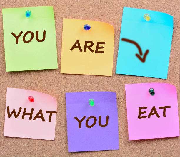 The words You are what you eat on notes stock photo
