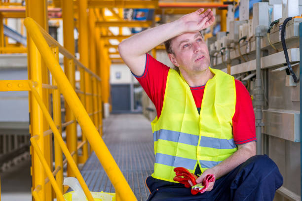 The worker wipes the sweat of the forehead stock photo